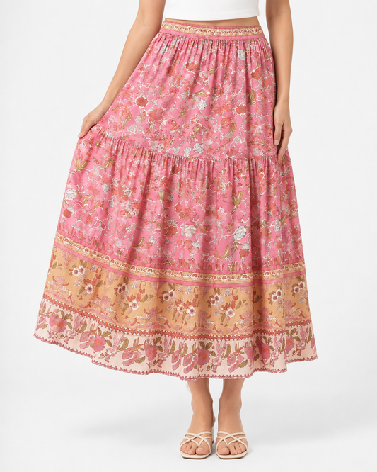 Lucy | Pink Floral Boho Maxi Skirt